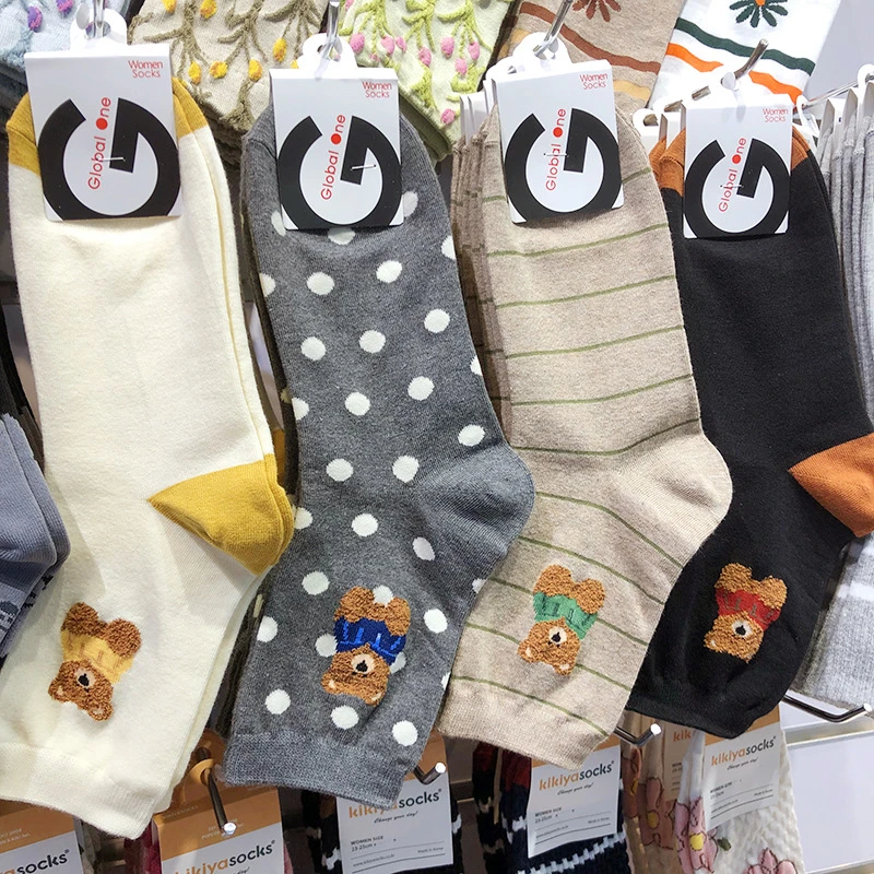 秋冬新款韩国袜子glalalane波点条纹卡通少女袜植绒小熊中筒棉袜