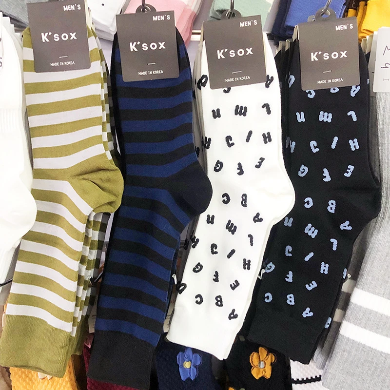韩国KSOX秋冬新款潮男袜子英伦风拼色条纹数字运动袜中筒吸汗棉袜