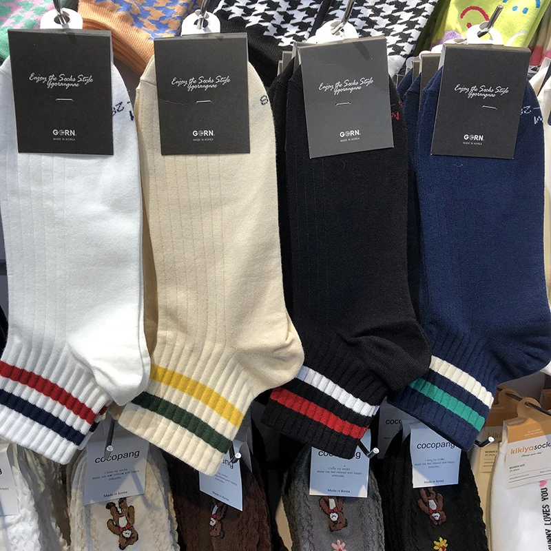 春夏季潮男短袜韩国进口袜子ggorangnae彩色两杠运动棉袜百搭休闲
