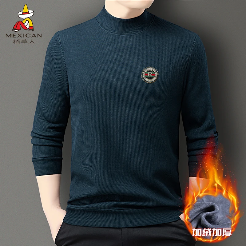Mexican/稻草人加绒加厚新款男士针织衫休闲爸爸装半高领套头毛衣