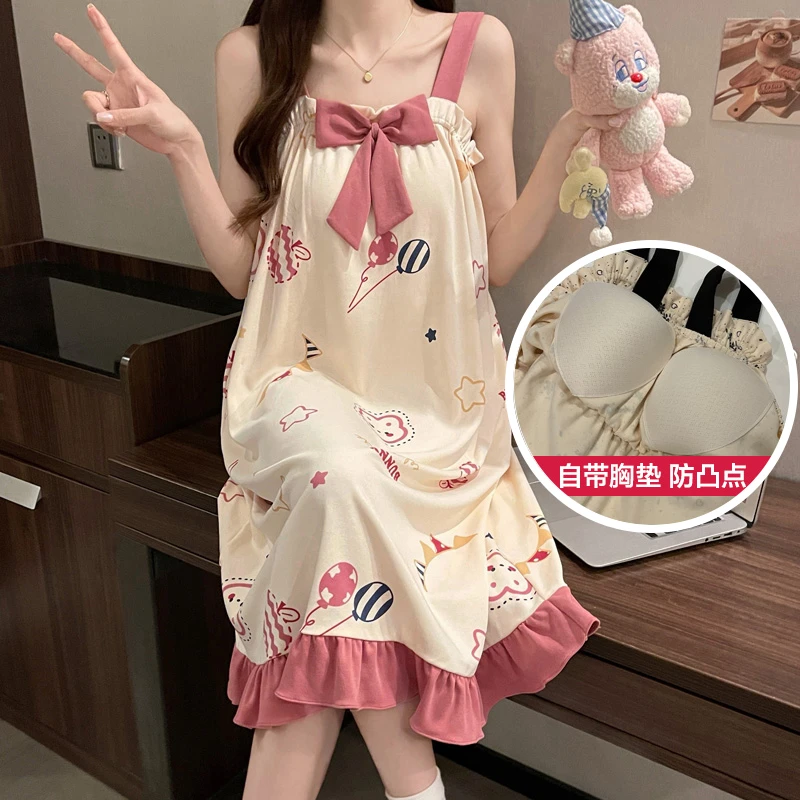 带胸垫吊带裙夏季女棉款睡裙性感睡衣公主风少女睡裙家居服夏季