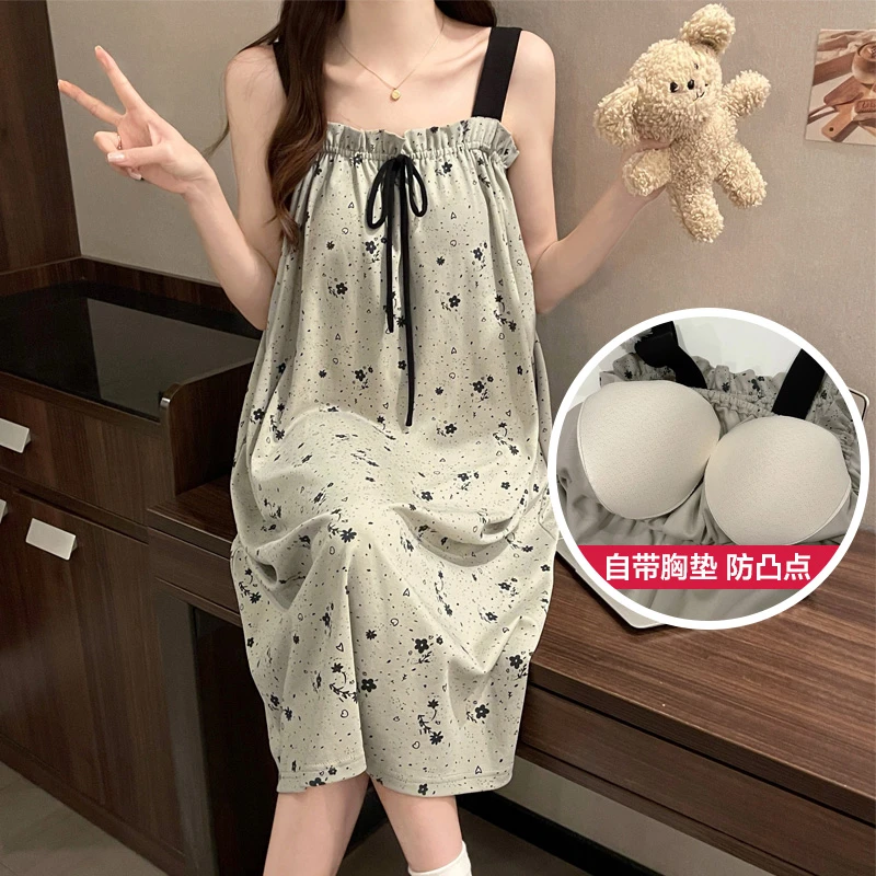 带胸垫吊带裙夏季女棉款睡裙性感睡衣公主风少女睡裙家居服夏季