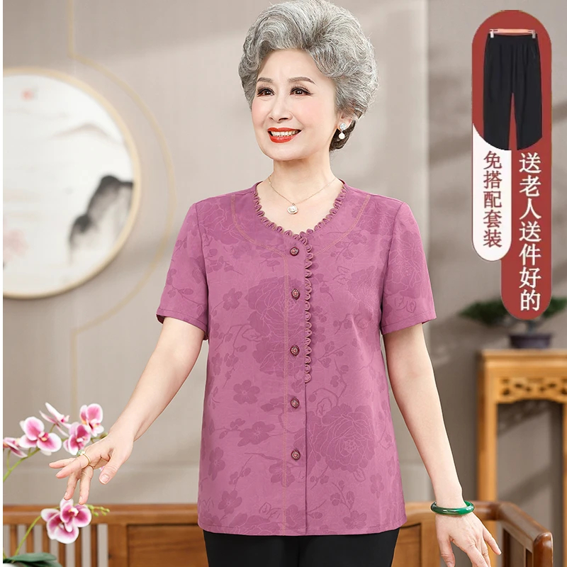 妈妈装夏季洋气短袖中老年大码休闲薄款开衫老人夏装宽松圆领衬衫