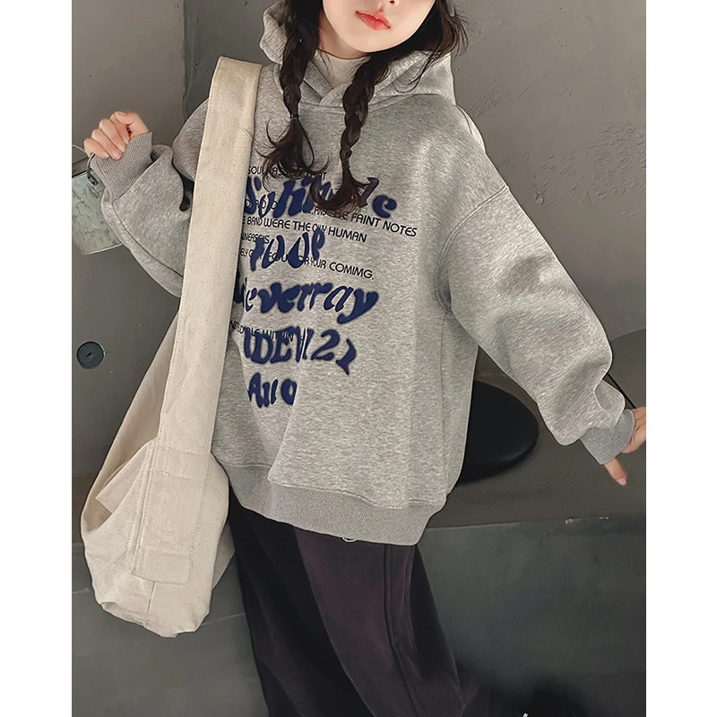 青少年女童加绒卫衣2023新款冬装加厚大童学生连帽衫上衣D234080