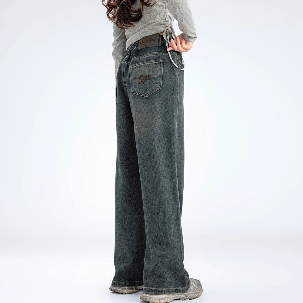 【一体绒】女大童加绒牛仔裤冬季2024女童窄版阔腿裤学生保暖裤子