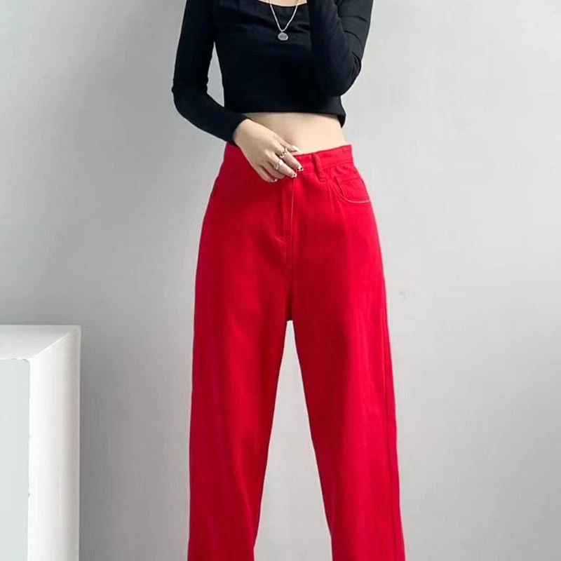 红色阔腿牛仔裤女直筒宽松秋冬加绒高腰显瘦长裤大码垂感拖地裤子