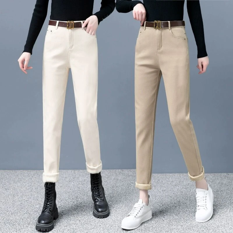 米白色牛仔裤2025年秋冬加绒高腰显瘦宽松休闲加厚女装小脚哈伦裤