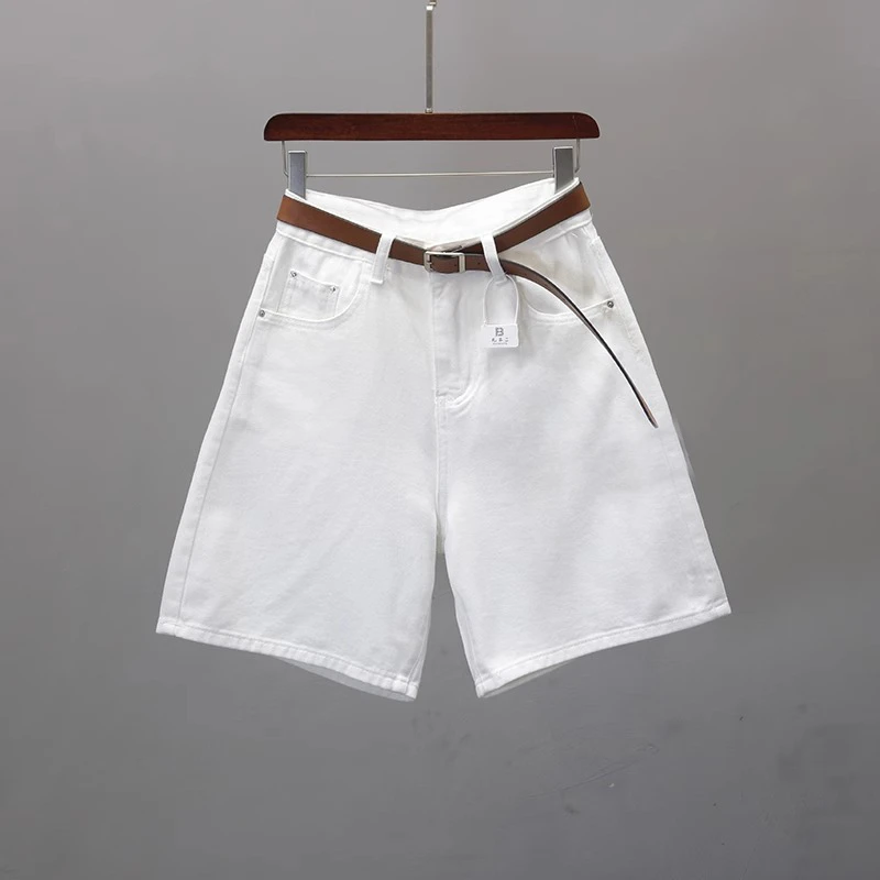 白色高腰牛仔五分短裤女辣妹风夏季新款宽松直筒小个子阔腿5分裤