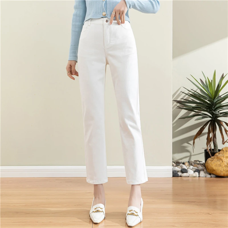 白色牛仔裤女高腰2025冬季加绒显瘦小个子烟管休闲弹力女裤直筒裤