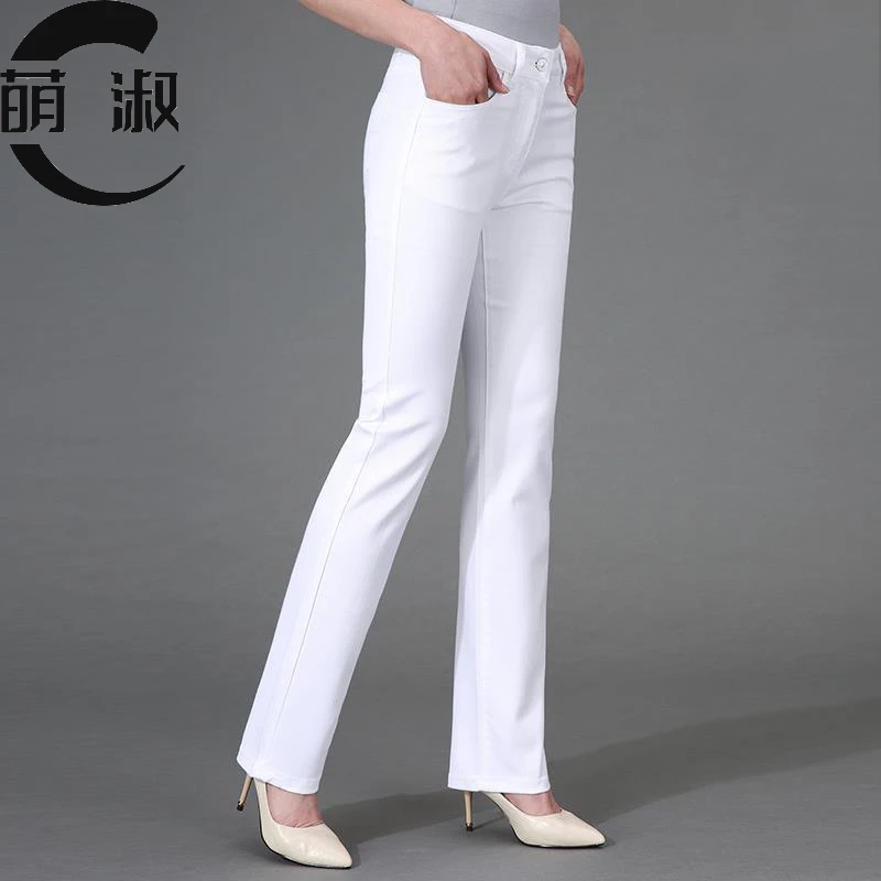 2025秋冬季新款加绒白色高腰直筒裤女士弹力宽松休闲修身大码长裤