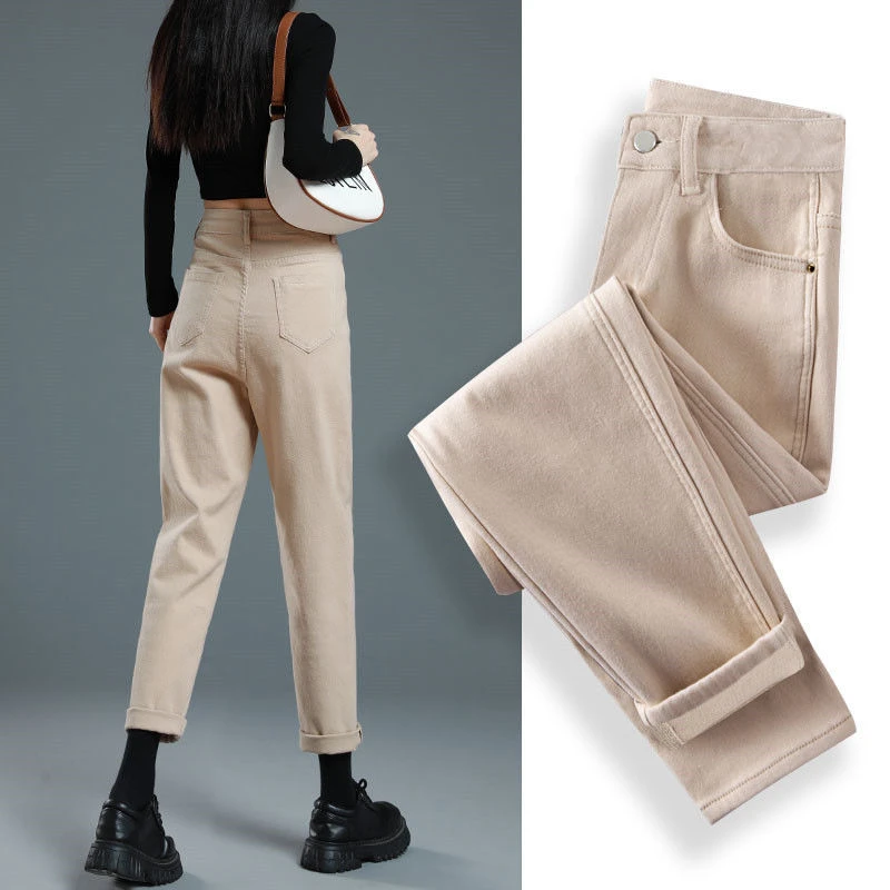 2025秋冬季卡其色牛仔裤女士休闲高腰宽松显瘦九分加绒加厚老爹裤