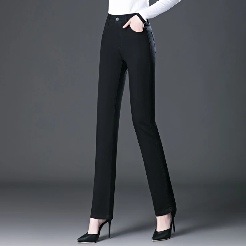 黑色窄版法棍直筒裤2025秋冬加绒加厚女装高腰宽松显瘦修身牛仔裤