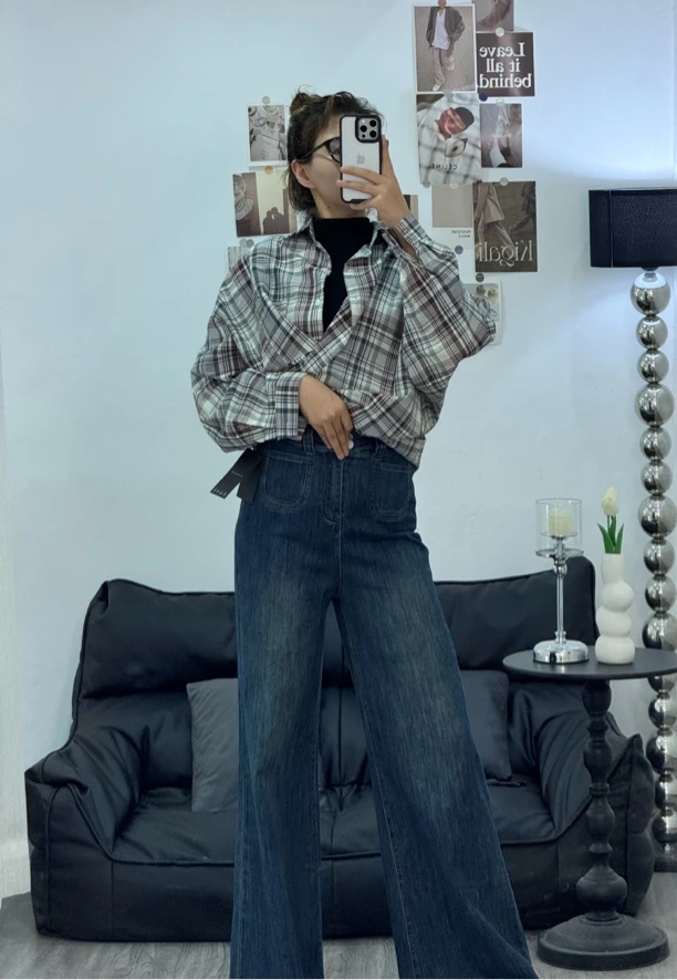 delyura复古格子时尚牛仔潮流休闲长袖宽松衬衫上衣条纹衬衣外搭