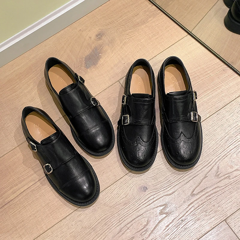 2024春秋新款缩纹牛皮双扣圆头粗跟增高百搭黑色皮鞋圆头乐福鞋