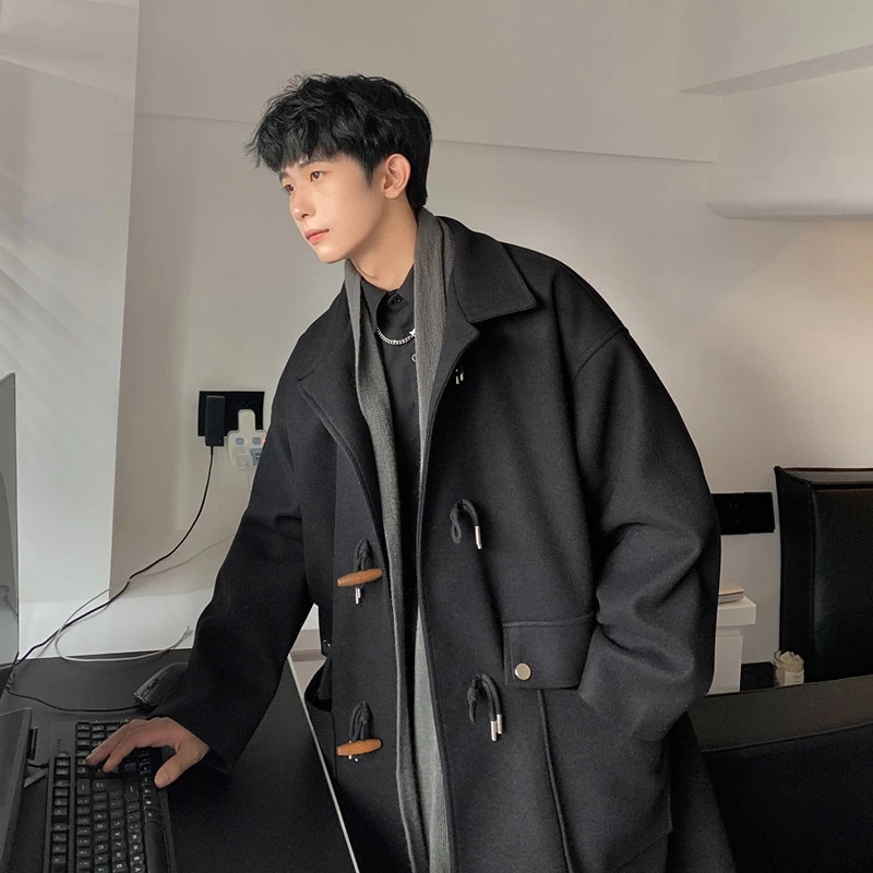 秋冬季毛呢大衣男潮牌加厚翻领牛角扣外套韩版宽松中长款呢子风衣