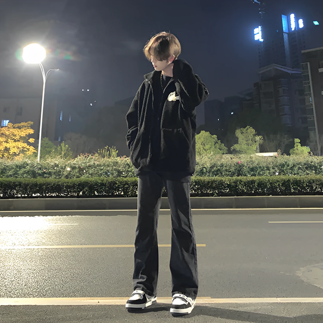 美式高街男生加绒裤子黑色修身微喇叭牛仔裤男款秋冬季宽松直筒裤