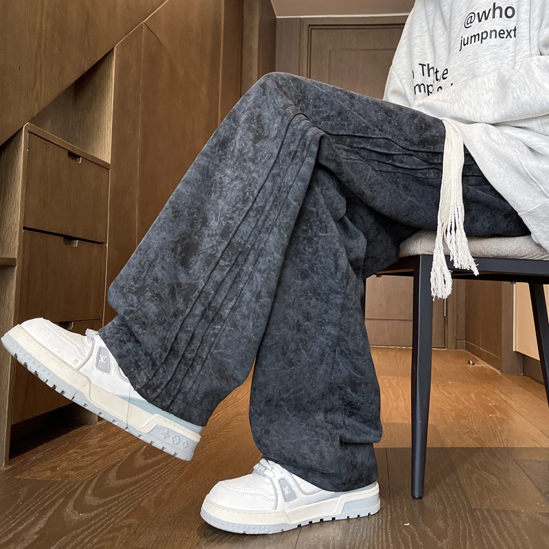 美式复古扎染加绒卫裤男秋冬季阔腿脏脏休闲裤宽松大码直筒长裤子