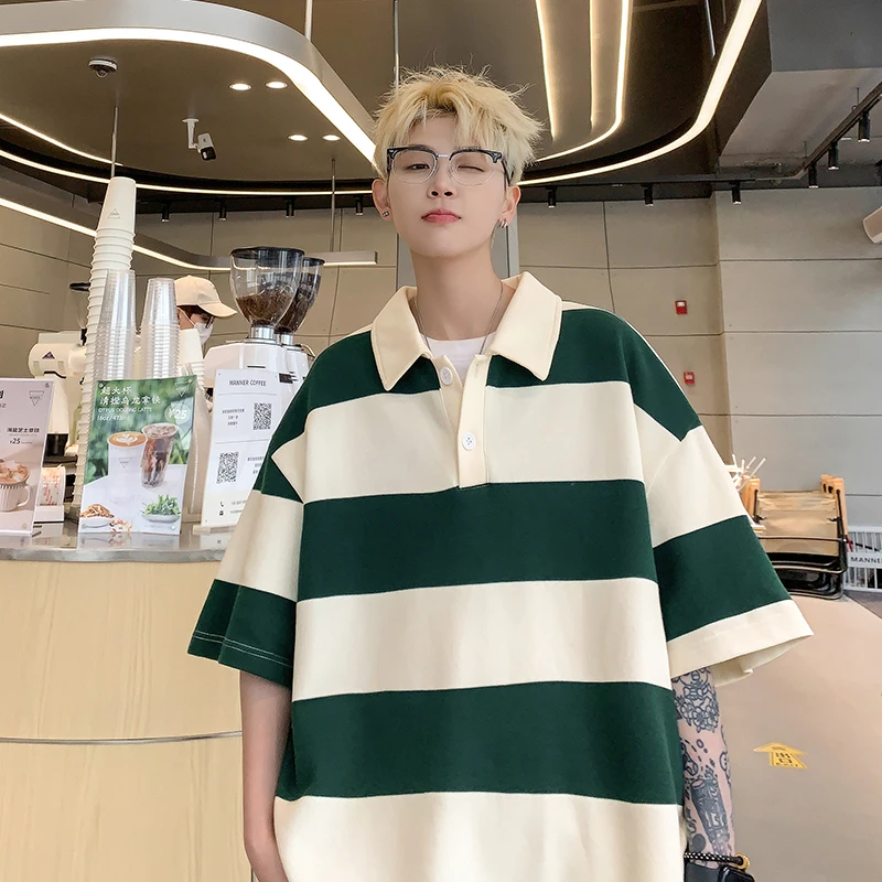 美式重磅条纹POLO衫短袖男士夏季潮牌潮流青少年半袖宽松五分体恤