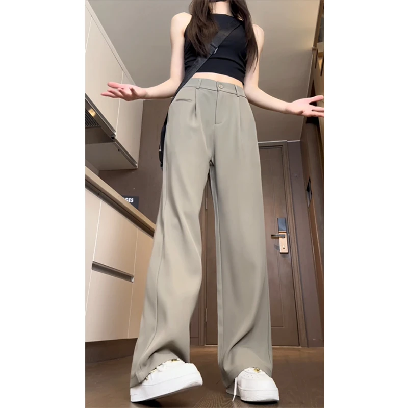 豆绿色冰丝西裤男夏季薄款垂坠感阔腿裤子美式宽松直筒休闲微喇裤