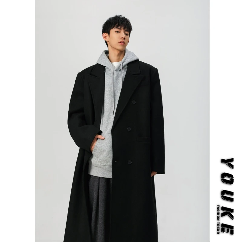 黑色毛呢大衣男款冬季加厚保暖中长款过膝风衣高级感宽松呢子外套
