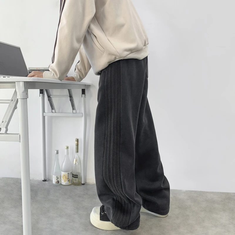 美式水洗黑加绒卫裤男秋冬高街潮牌设计感宽松直筒阔腿拖地休闲裤