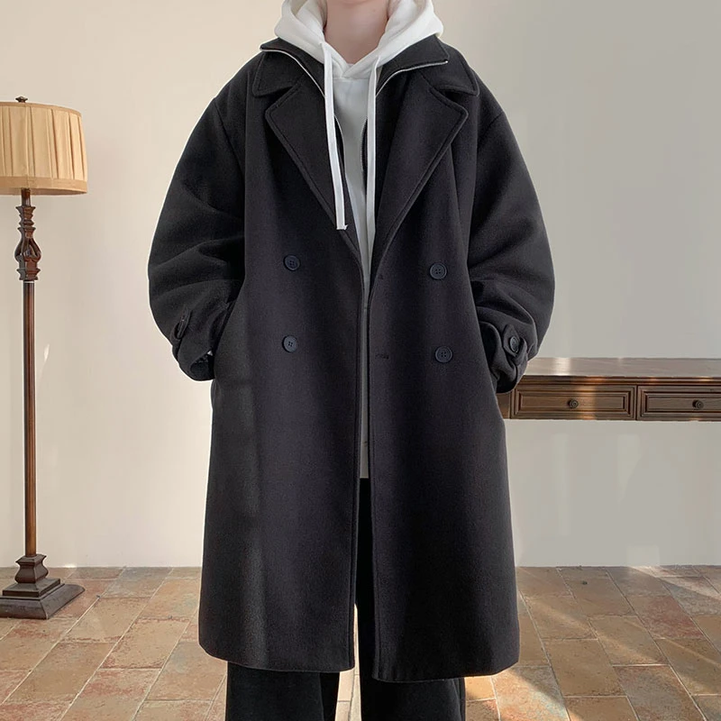 假两件毛呢大衣男款冬季加厚英伦风中长款潮牌百搭设计感风衣外套