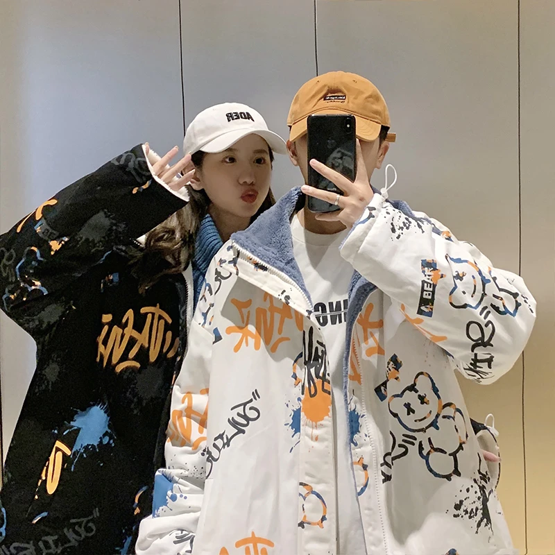 两面穿羊羔绒棉服外套男冬季潮牌ins加厚保暖棉衣情侣装休闲棉袄