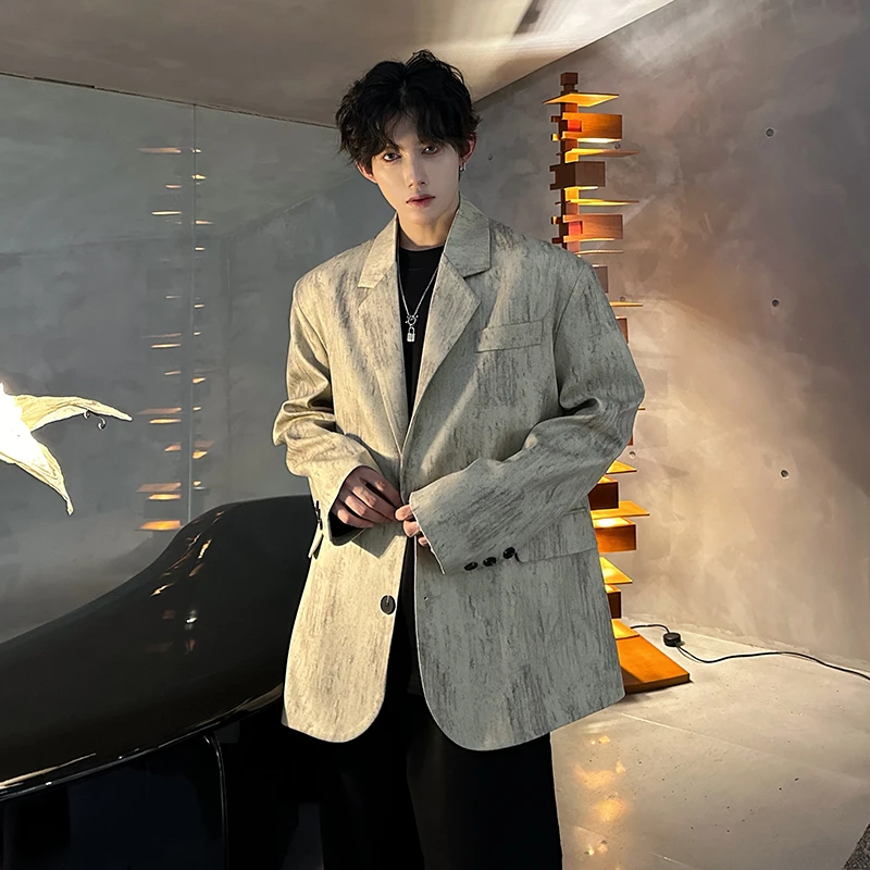 扎染垫肩休闲西装外套男春秋新款潮牌痞帅高级感美式百搭脏脏西服