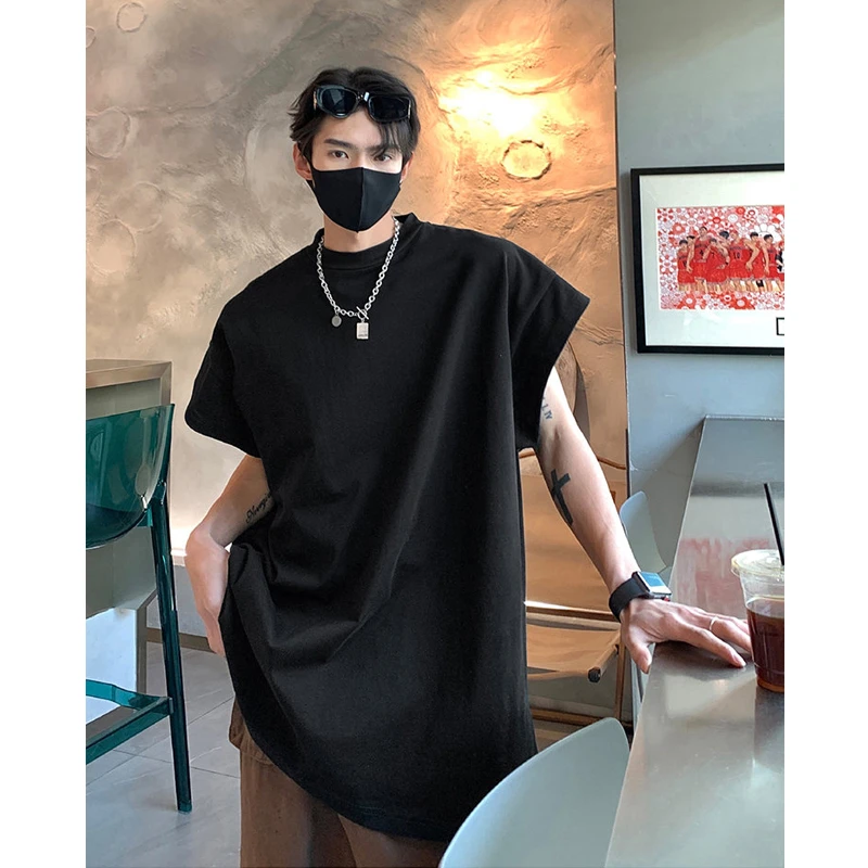 美式复古一分袖纯黑色背心男款夏季潮牌大码宽松无袖t恤运动坎肩