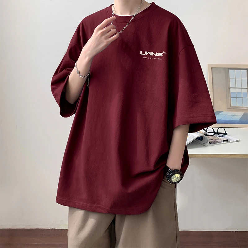 美式复古枣红色短袖t恤男款夏季潮牌青少年宽松大码纯棉五分半袖