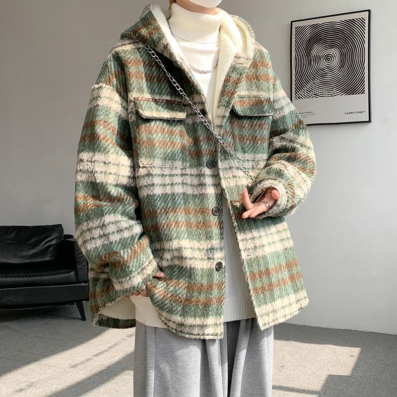 羊羔绒格纹棉服外套男款冬季加绒加厚连帽棉衣潮牌高级感宽松棉袄