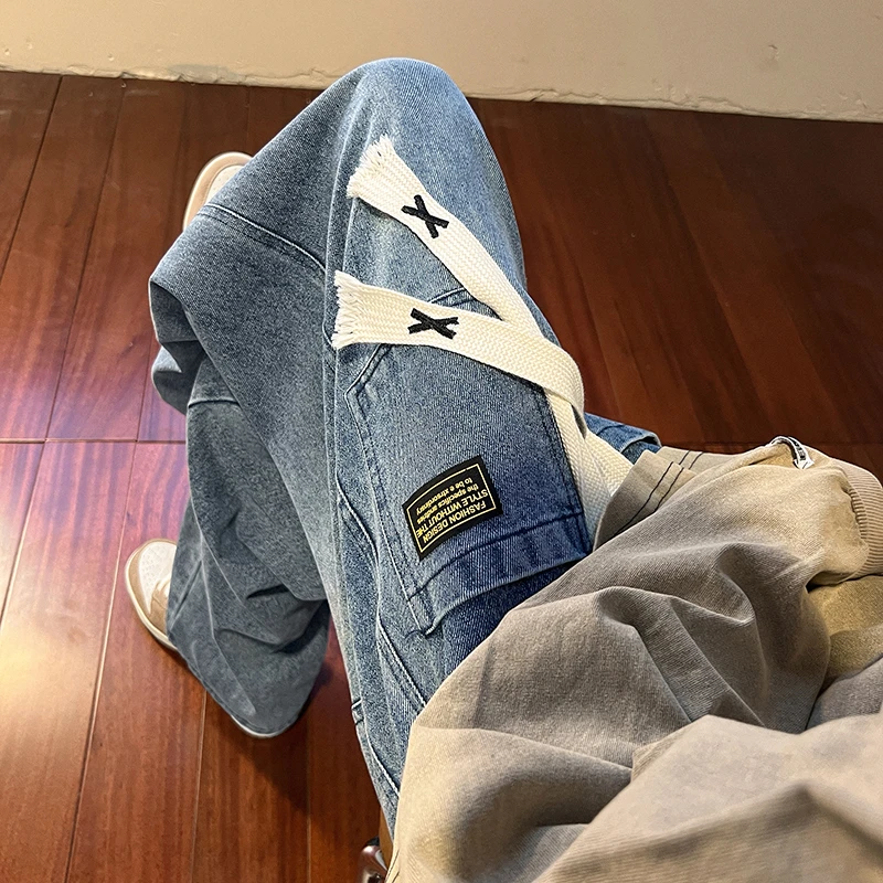 美式复古编织绳工装牛仔裤男春秋季潮牌大码高街宽松直筒阔腿裤子