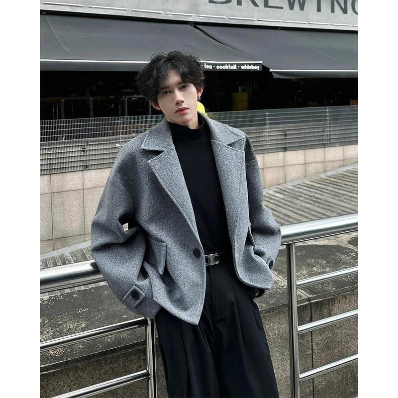 灰色解构毛呢外套男秋冬款痞帅高级感短款大衣英伦风加厚西装夹克