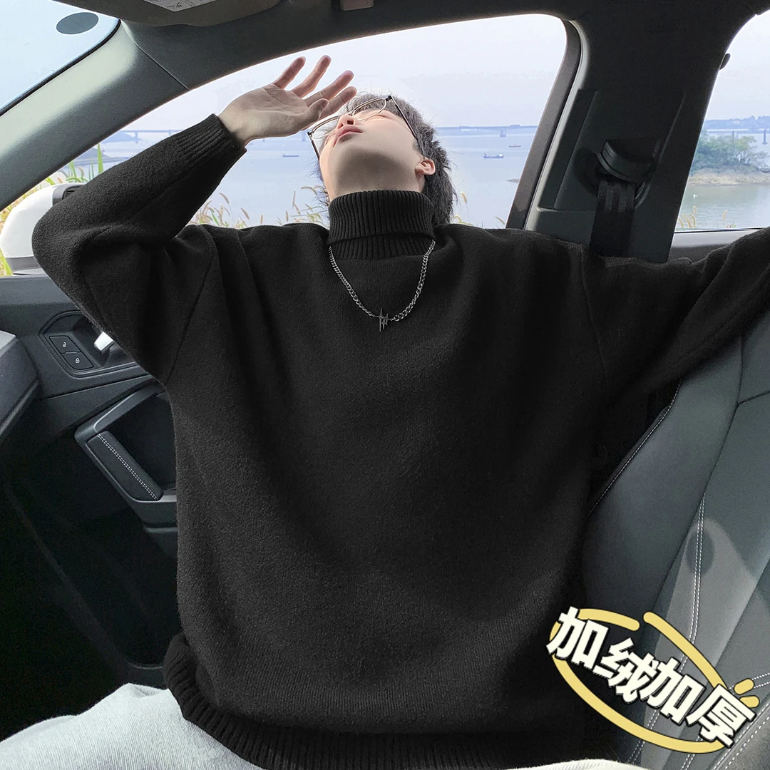 黑色加绒加厚高领毛衣男款秋冬季防寒保暖针织衫慵懒风高级感外套