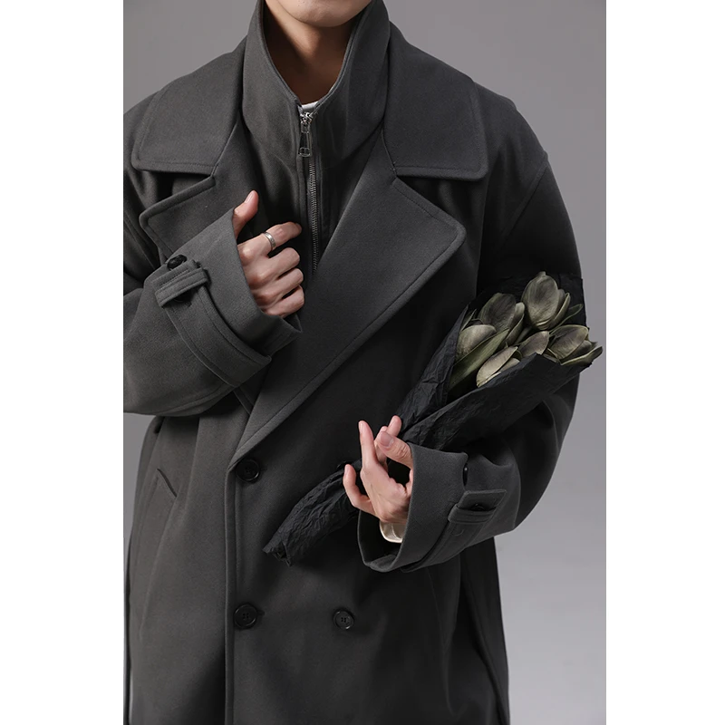 假两件立领中长款毛呢大衣男款秋冬季潮牌高级感雅痞呢子风衣外套