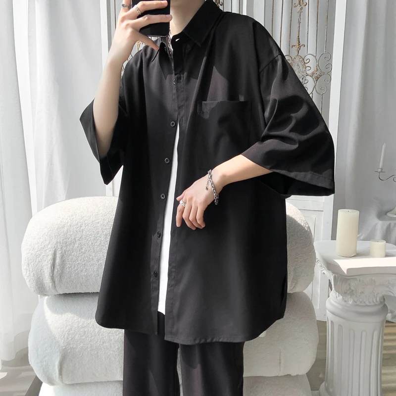 高级感短袖衬衫男2025春夏季新款潮牌痞帅黑色内搭衬衣慵懒风外套