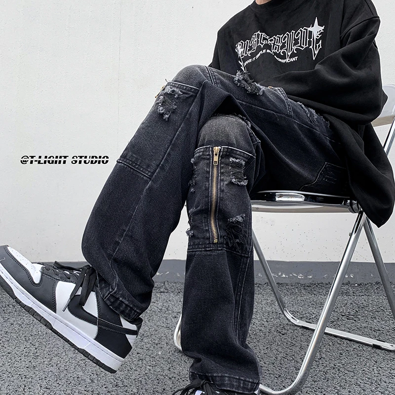 黑色美式高街vibe裤子潮牌痞帅工装牛仔裤男高级感拉链破洞直筒裤