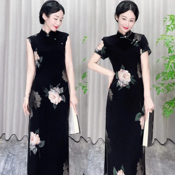 【心懂旗袍—墨迹牡丹】深色不是定位花复古减龄无袖旗袍中国风