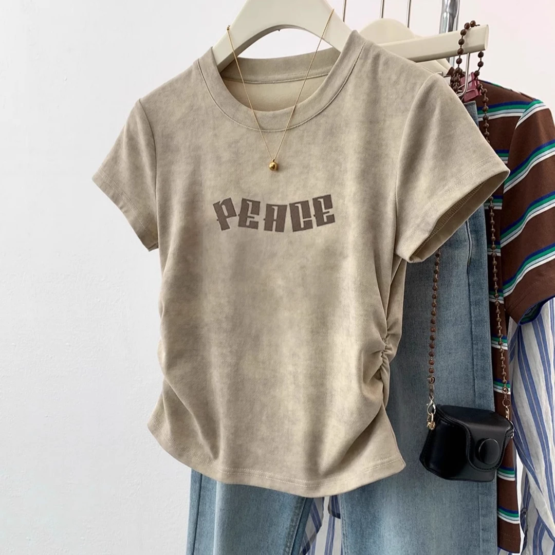 美式复古扎染正肩短袖t恤女夏季2025新款设计感修身显瘦短款上衣