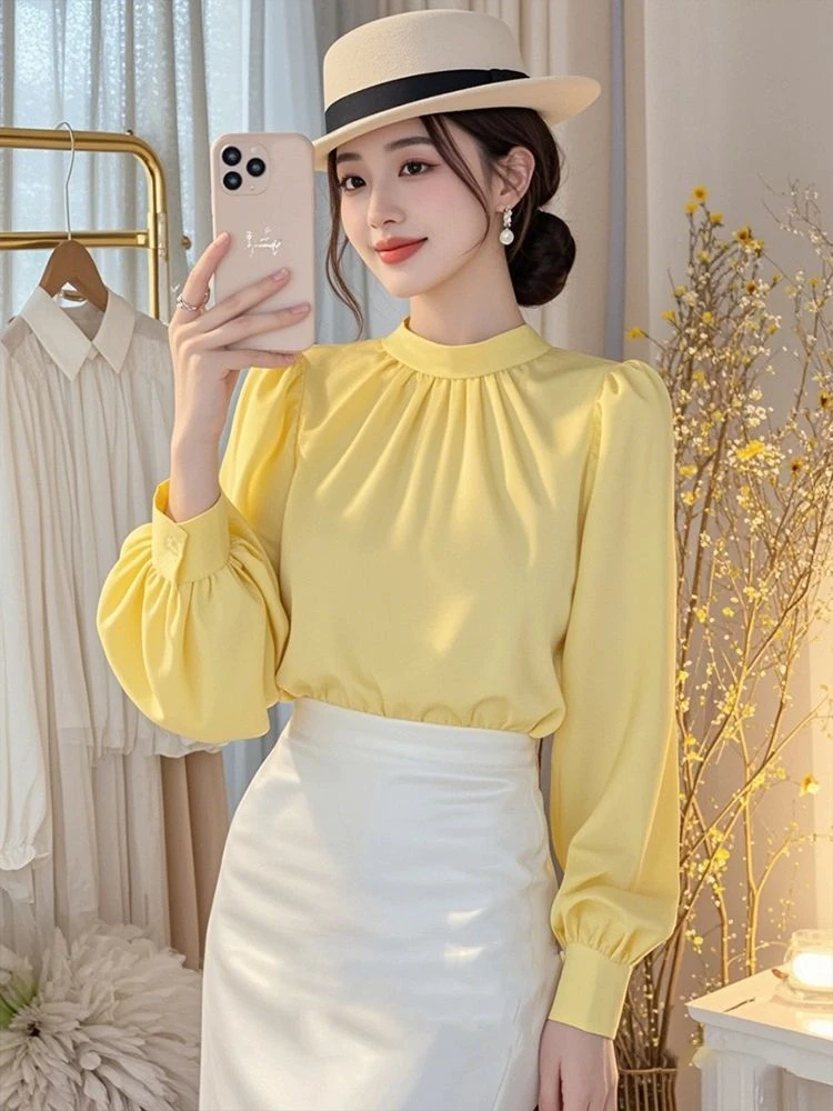 2567#高级感小香风职业长袖上衣女秋季新款轻奢黄色时尚气质衬衫