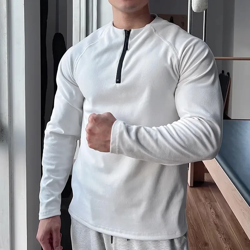 秋冬款德绒高弹半拉链健身长袖美式宽松训练服男士运动t恤打底衫