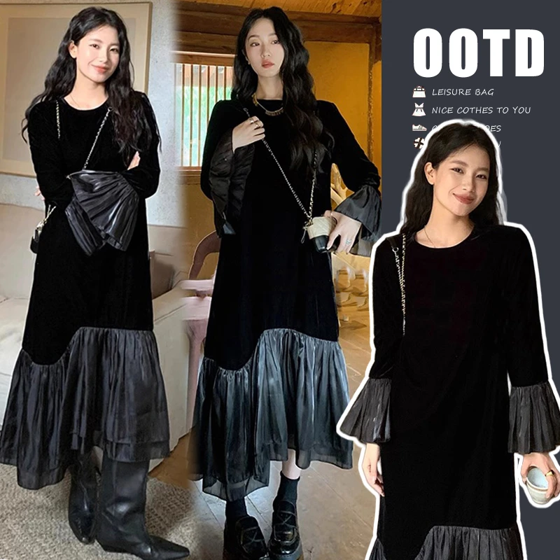 孕妇装秋装暗黑系浮夸喇叭长袖小黑裙女2024秋季新款立领连衣裙子