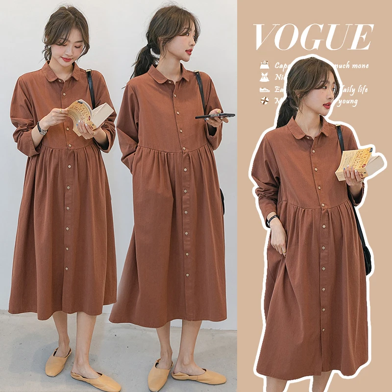 孕妇装连衣裙中长款时尚翻领宽松过膝长袖可哺乳春秋季外出衬衫潮