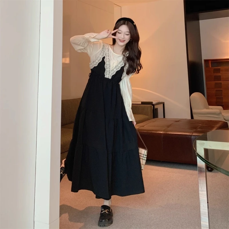 孕妇上衣秋季韩版春秋长款背带裙假两件套装孕妇连衣裙小个子秋装