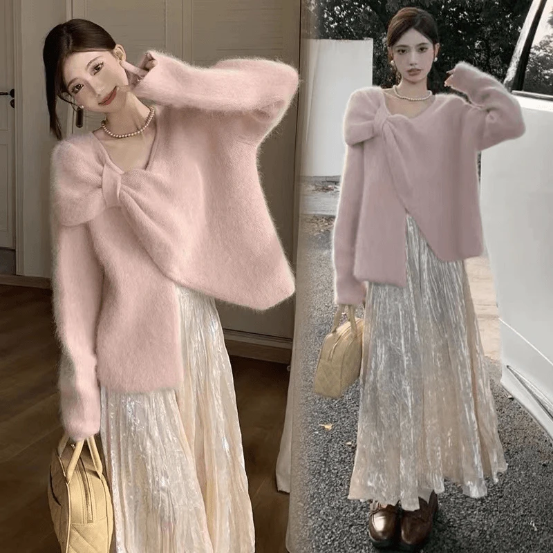 孕妇连衣裙秋冬装时尚款洋气温柔风气质不规则开叉蝴蝶结针织毛衣