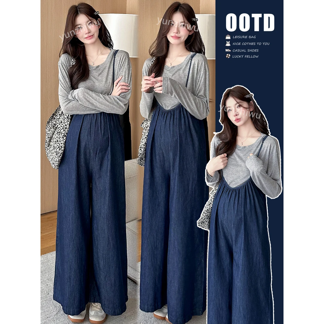 孕妇2024秋季新款牛仔背带裤时尚长袖上衣阔腿长裤两件套秋冬套装