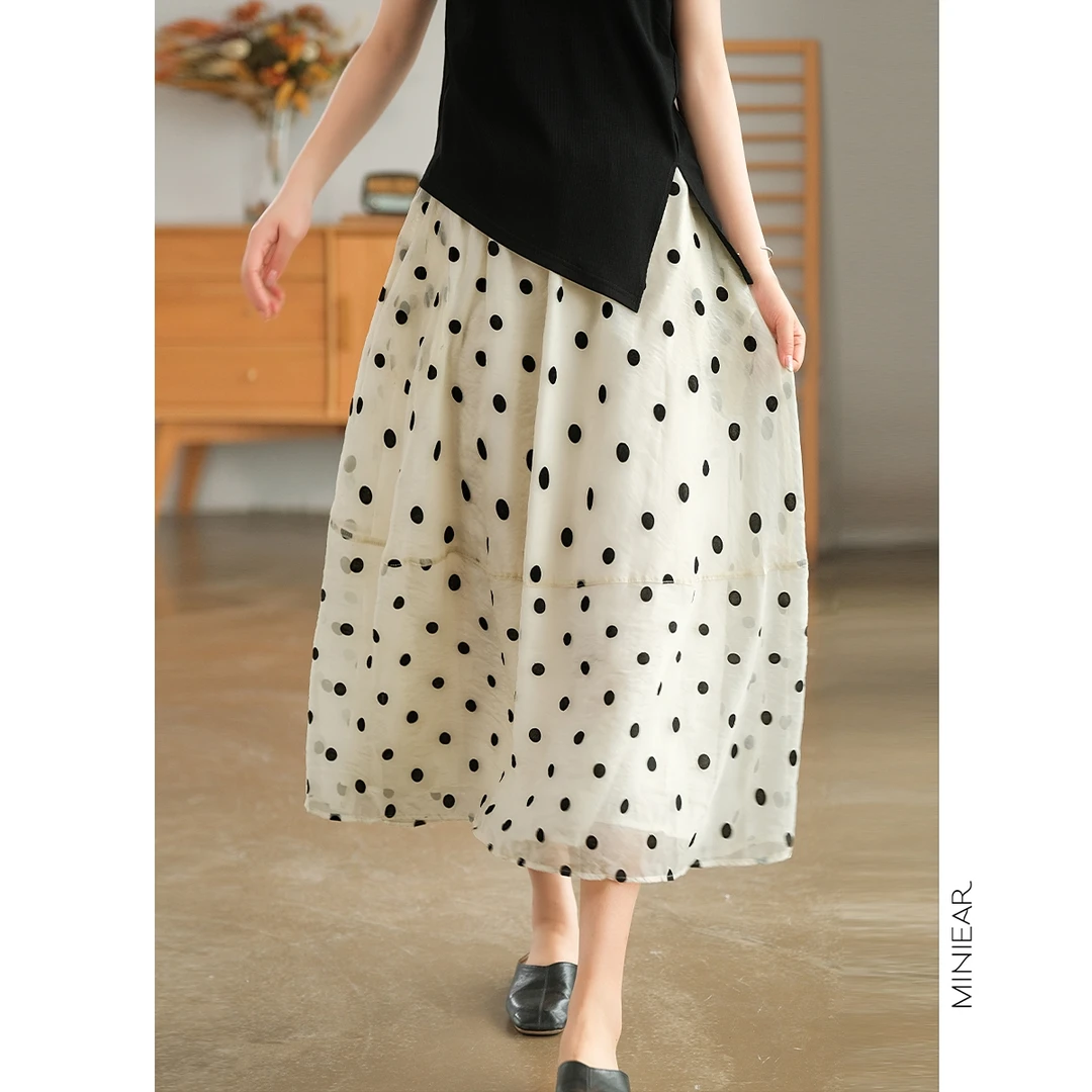 【蝶现定制】2024夏季欧根纱植绒波点半身裙显瘦半身裙高腰中长款