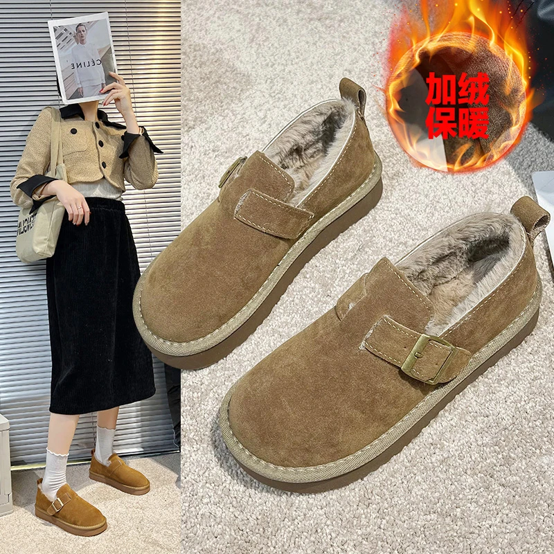 YYCORAL/宇逸瑚加厚平底棉鞋加绒保暖防滑套脚乐福鞋毛毛鞋百搭