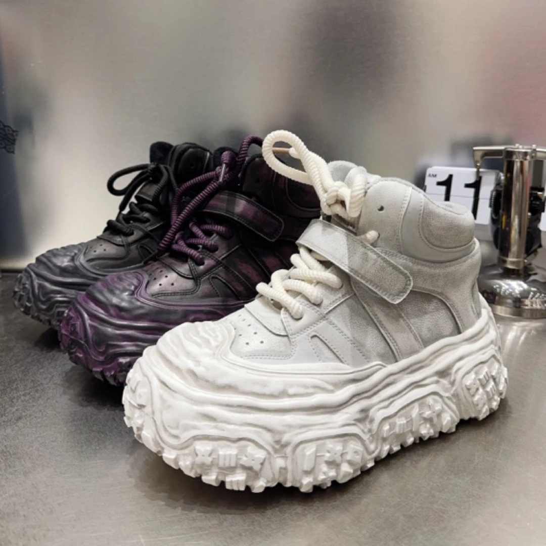 白羊座高帮轮胎鞋老爹鞋粘扣魔术贴做旧灰白紫色黑色擦旧 5559