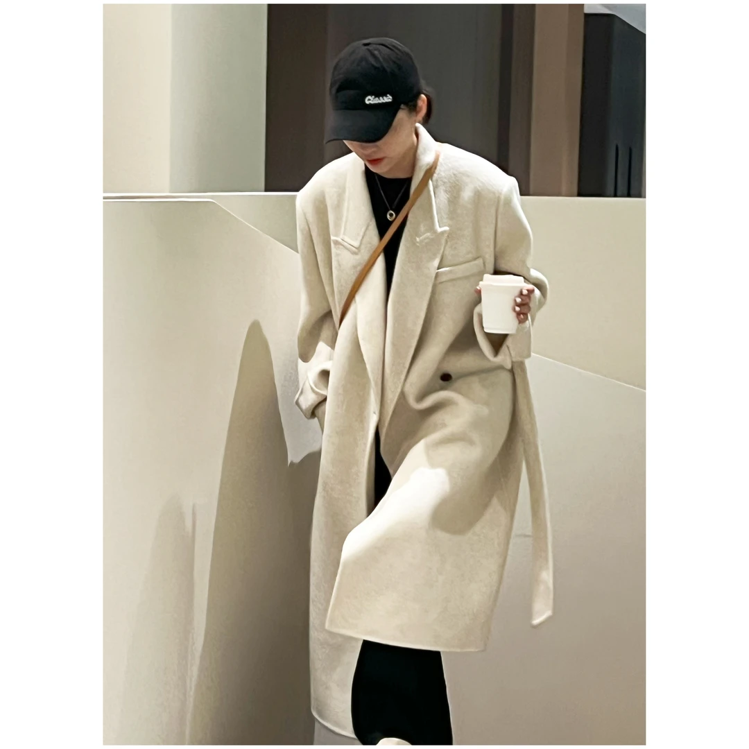 【肖瑶YAO】桑蚕丝+绵羊毛 2024新款正肩腰带韩版宽松双面羊毛大衣